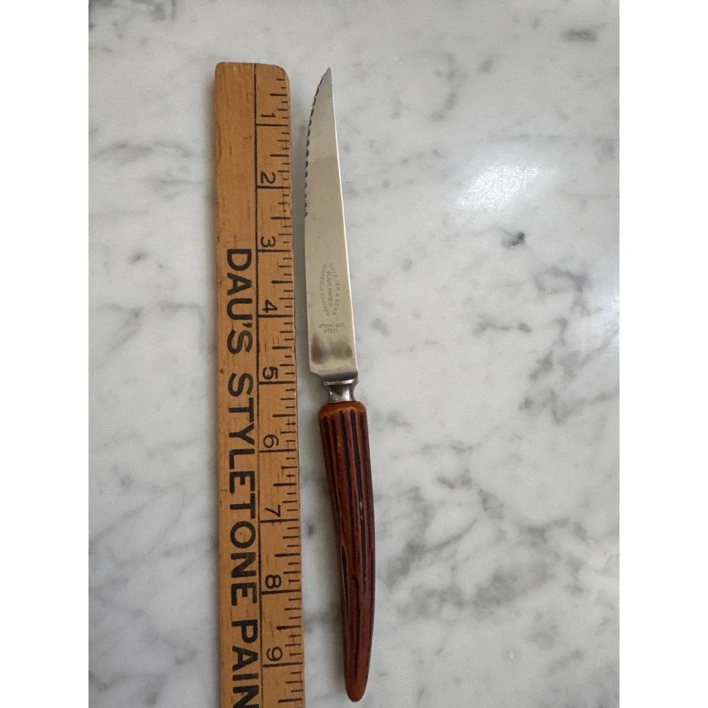 E Parker & Sons Sheffield England VTG 8pc Steak Knife & Carving Set Faux Horn